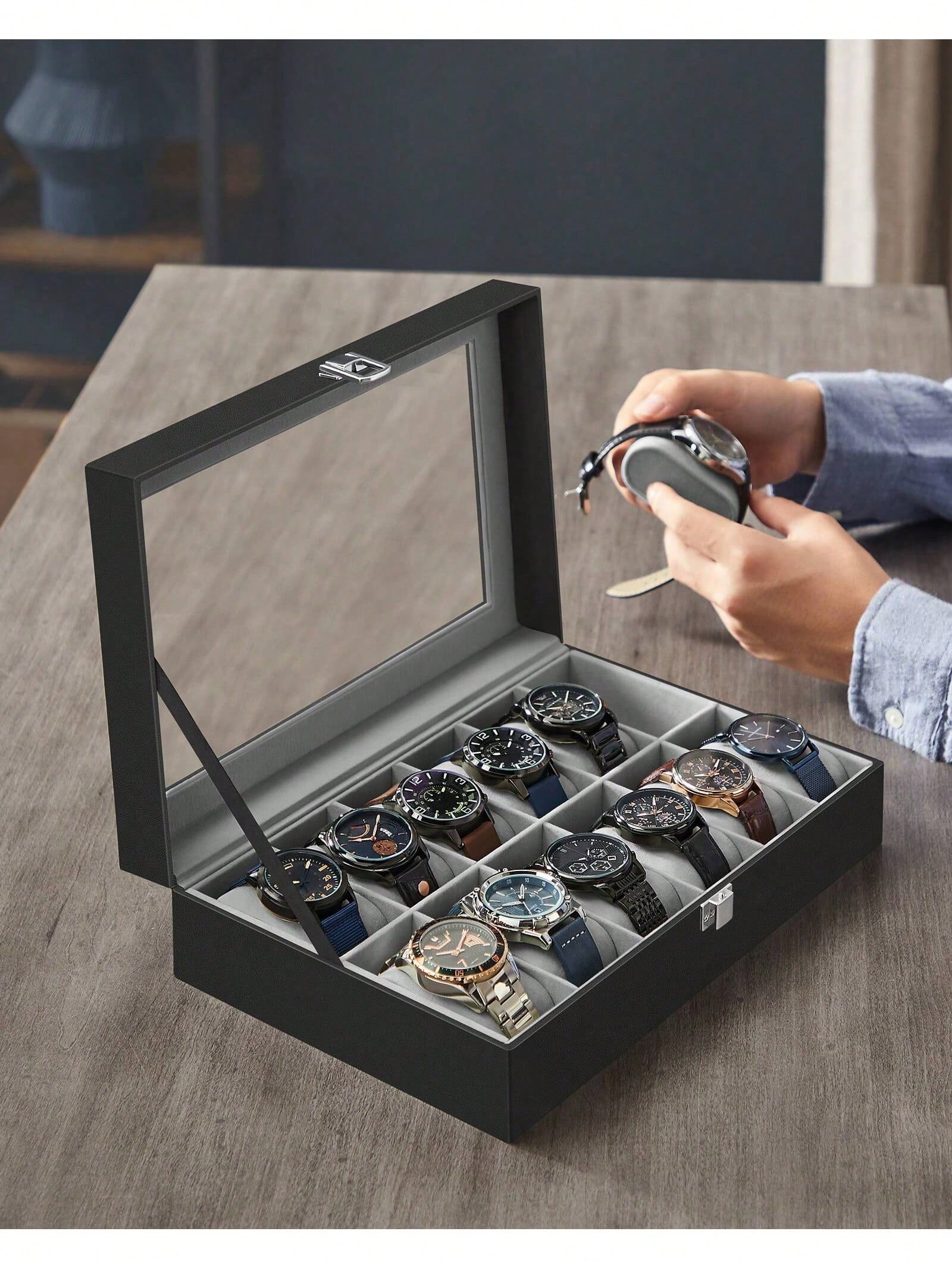 유리 뚜껑과 서랍이 있는 12슬롯 잠금식 시계 상자,  - Jewelry Stand Watches 리뷰 및 가격